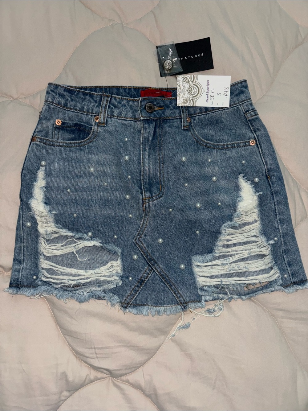 Signature8 Pearl-Embellished Distressed Denim Mini Skirt - Blue